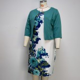 EVE Plus Size Print Midi Dress Coat Two Piece Set GJXI-JX079
