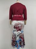 EVE Plus Size 3/4 Sleeve Tops And Print Skirt 2 Piece Set GJXI-JX504