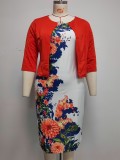 EVE Plus Size Print Midi Dress Coat Two Piece Set GJXI-JX079