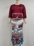 EVE Plus Size 3/4 Sleeve Tops And Print Skirt 2 Piece Set GJXI-JX504