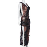 EVE Deep V Stacked Neck Tassel Split Hooded Dress GNZD-9517DD