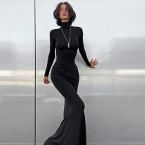 EVE Solid Long Sleeve High Collar Fishtail Dress GSZM-M23DS504