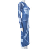 EVE Denim Print Slim Long Sleeve Maxi Dress GSZM-D23DS055