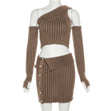 EVE Knits Stripe Single Shoulder Top Two Piece Skirt Set XEF-39324