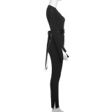 EVE Rib Tie Up Long Sleeve Tight Jumpsuit XEF-38443