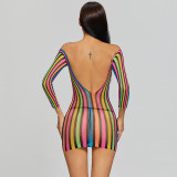 EVE Sexy Stripe Print Mesh Erotic Dress Pajamas GYDE-8919