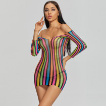 EVE Sexy Stripe Print Mesh Erotic Dress Pajamas GYDE-8919