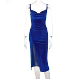 EVE Solid Sling Split Slim Midi Dress BLG-D1C7356A