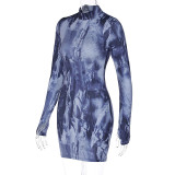 EVE Casual Print Slim Long Sleeve Mini Dress BLG-D3612954K