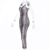 EVE Print V Neck Slim Sling Maxi Dress BLG-D9C1632A