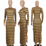 EVE Long Sleeve Stripe Print Split Maxi Dress YD-8793