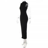 EVE Solid Color O Neck Long Sleeve Split Maxi Dress BLG-D1B7226K