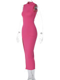 EVE Solid Color O Neck Long Sleeve Split Maxi Dress BLG-D1B7226K