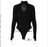 EVE Sexy V-Neck Spliced Long Sleeve Bodysuit BLG-P2A10654A
