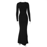 EVE Solid Slim U Neck Long Sleeve Maxi Dress BLG-D3A14541K