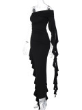 EVE One Shoulder Pleated Solid Slim Long Dress BLG-D3412275A