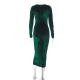 EVE Solid Color Slim Pleated Long Sleeve Midi Dress BLG-D3B14885A