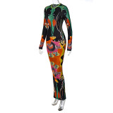 EVE Fashion Print O Neck Long Sleeve Maxi Dress BLG-D289952A