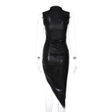 EVE Solid Color Sleeveless Pleated Irregular Dress BLG-D2B11149K