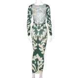EVE Fashion Backless Long Sleeve Print Midi Dress BLG-D144890K