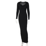 EVE Long Sleeve U Neck Slim Maxi Dress BLG-D1B7161A