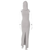 EVE Solid Sleeveless Hooded Split Maxi Dress BLG-D3312010A