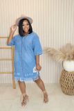 EVE Plus Size Denim Tassel Single-breasted Holes Midi Dress OY-6516