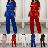 EVE Short Sleeve Sequin Casual Two Piece Pants Set LS-0403
