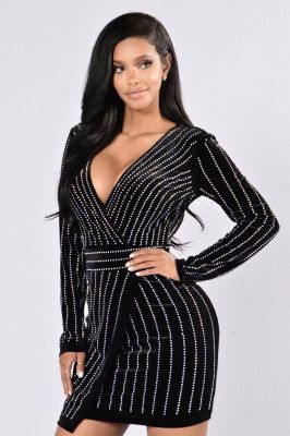 EVE Long Sleeve Hot Drill V Neck Mini Dress LX-9920