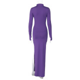 EVE Solid Color Slim Split Long Sleeve Maxi Dress BLG-D3A14587K