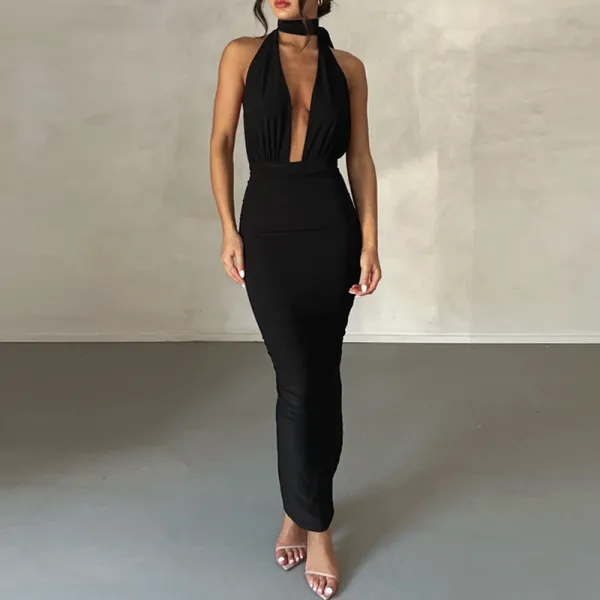 EVE Sexy Deep V Neck Pleated Long Dress BLG-D3312194A