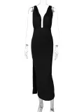 EVE Sexy Deep V Neck Pleated Long Dress BLG-D3312194A