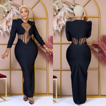 EVE Solid Mesh See Through Long Sleeve Maxi Dress BY-6756