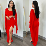 EVE Solid Color Long Sleeve Split Pleated Long Dress BY-6772