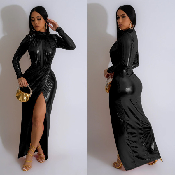 EVE Solid Stamped Long Sleeve Pleated Maxi Dress BY-6766