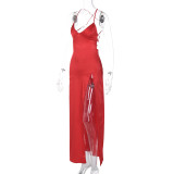 EVE Sexy V Neck Backless Tie Up Maxi Dress BLG-D3B15041K