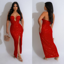 EVE Solid Color Sexy Sequin Tube Tops Maxi Dress BY-6782