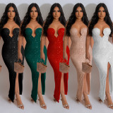 EVE Solid Color Sexy Sequin Tube Tops Maxi Dress BY-6782