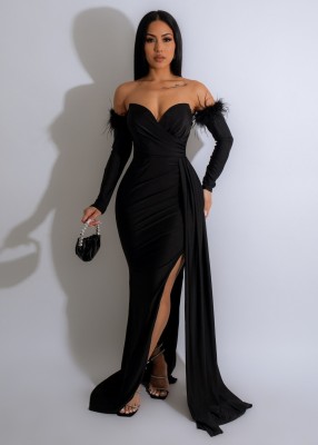 EVE Feather Patchwork Long Sleeve Split Evening Dress AIL-261