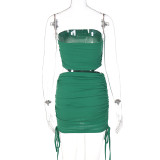 EVE Solid Color Tube Tops Drawstring Skirt 2 Piece Set BLG-S1A6817K