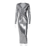 EVE V Neck Pleated Long Sleeve Midi Dress BLG-D3B14798A