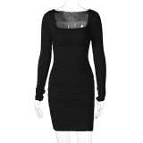 EVE Long Sleeve Pleated Solid Midi Dress BLG-D0A3663H