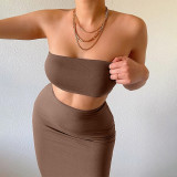 EVE Solid Color Wrap Chest Tops Two Piece Skirt Set BLG-S155164A