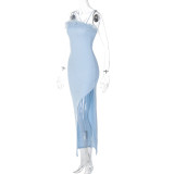 EVE Solid Slim Sling Split Maxi Dress BLG-D289816A