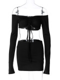 EVE Sexy Drawstring Long Sleeve Tops And Skirt 2 Piece Set BLG-S2A10683K