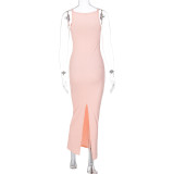 EVE Solid Color Sling Slim Split Maxi Dress BLG-D3512877A