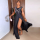 EVE Hot Drill Mesh Backless Bodysuit Split Skirt 2 Piece Set NY-2977