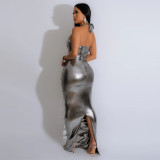 EVE Metallic Color Pull Ring Hollow Out Backless Split Nightclub Dress MUE-8038