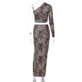 EVE Leopard Print Single Shoulder Two Piece Skirt Set BLG-S3B14925A