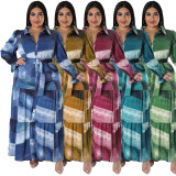 EVE Plus Size Print Long Sleeve Lapel Maxi Dress GDAM-218285